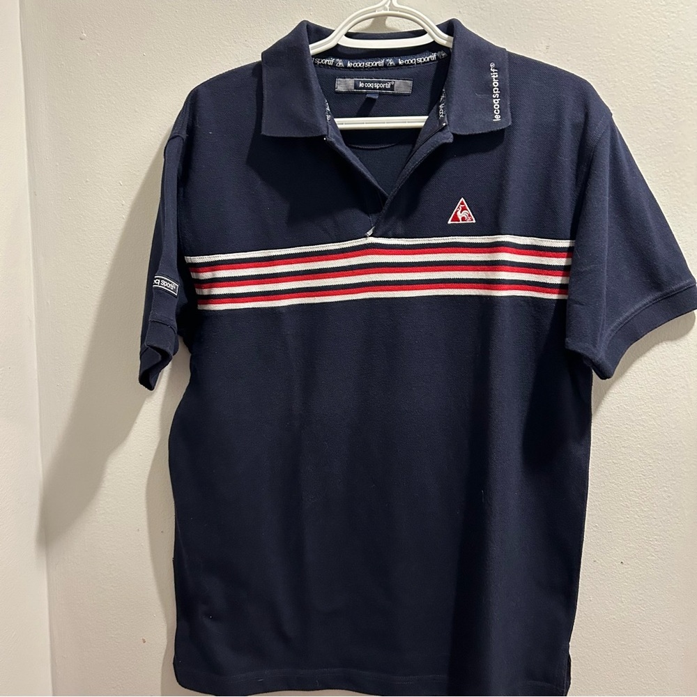 Le Coq Sportif Navy Stripe Polo Shirt | Sporty French Classic |large